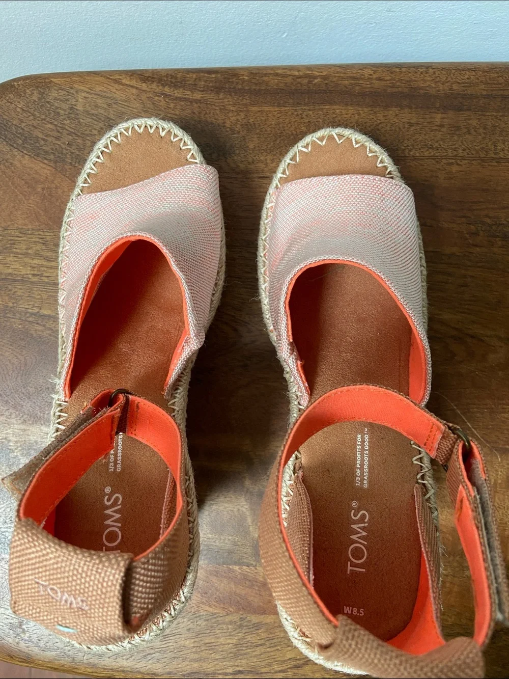 TOMS Pink Canvas Espadrille Wedge Sandals with Tan Ankle Strap